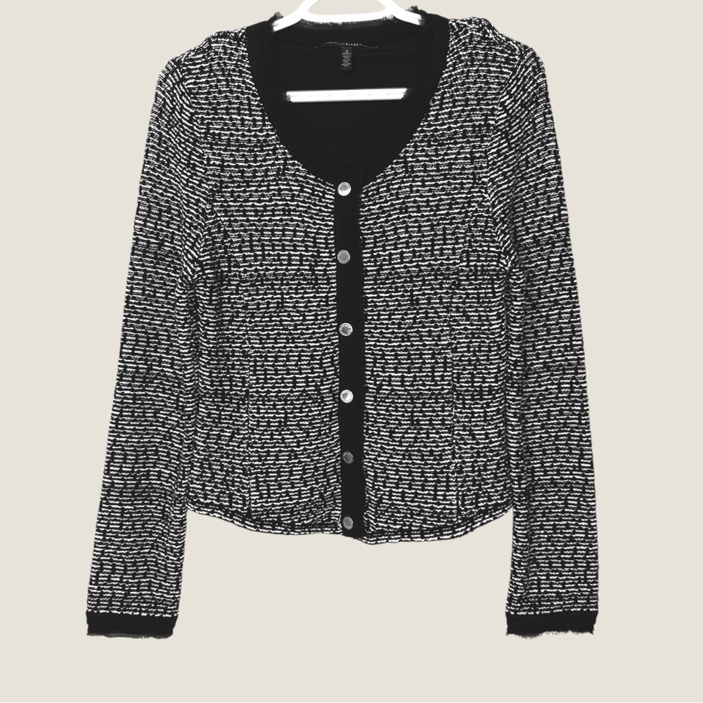 WHBM Women’s‎ S Crop Sweater Jacket Dark Coquette Tweed Black Ecru Goth Office - Picture 7 of 13